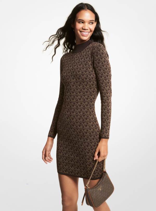 Damske Saty Michael Kors Logo Jacquard Mock Neck Sweater Čokoláda - Oblecenie Michael Kors Vypredaj | NFQJS-4320